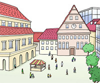 Zeichnung: Stadtplatz mit Häusern und Brunnen