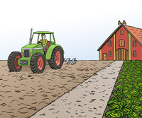 Zeichnung: Bauernhof mit Traktor