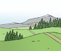 Zeichnung: Hügellandschaft mit grünen Wiesen