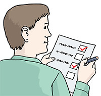 Zeichnung: Ein Prüfer mit Rotstift und Checkliste