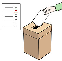Zeichnung: Ein Stimmzettel wird in eine Wahlurne geworfen