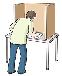 Zeichnung: Ein Mann in der Wahlkabine