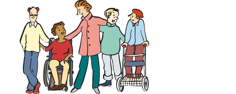 Comic-Gruppenbild von Menschen im Rollstuhl